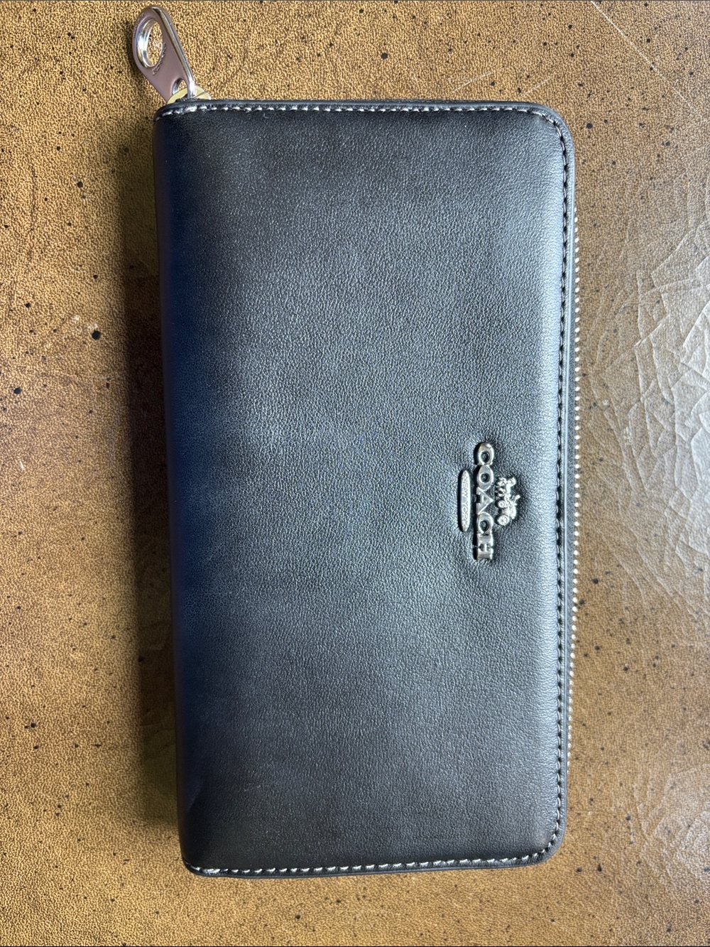 Coach Black Leather Zip Wallet with Silver Hardware